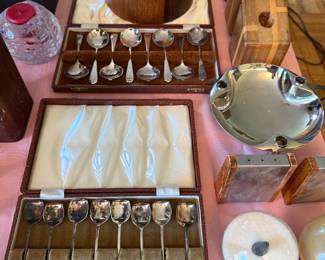 Abercrombie & Fitch cocktail set features silver-plated spoons with red Bakelite ball tips.