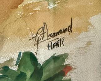 It appears to be signed Gesner Armand, A Haitian artist known for brightly colored images of birds, animals, landscapes and still life, Gesner Armand began painting seriously when he was fourteen years old and was enrolled at the Haitian Art Center. His primary teachers were watercolorists Maurice Borno and Pierre Monosiet. When he was age 20, he turned from watercolor painting to oil. The next year, 1957, he went to Mexico where he studied ceramics and sculpture and spent much time exploring prominent Mexican painters. Four years later, Armand Gesner returned briefly to Haiti and then went to Paris, having earned a scholarship to paint in Paris from the French government. In Paris, where he remained for the next two years, he exhibit...