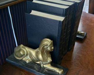 Vintage Egyptian bronze and marble bookends.