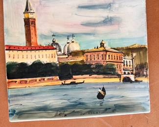 Vintage Artist Signed Hand Painted Italian Ceramic Dish of Venice