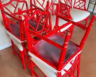 Set of 6 Red Lacquered Bamboo Dining Chairs