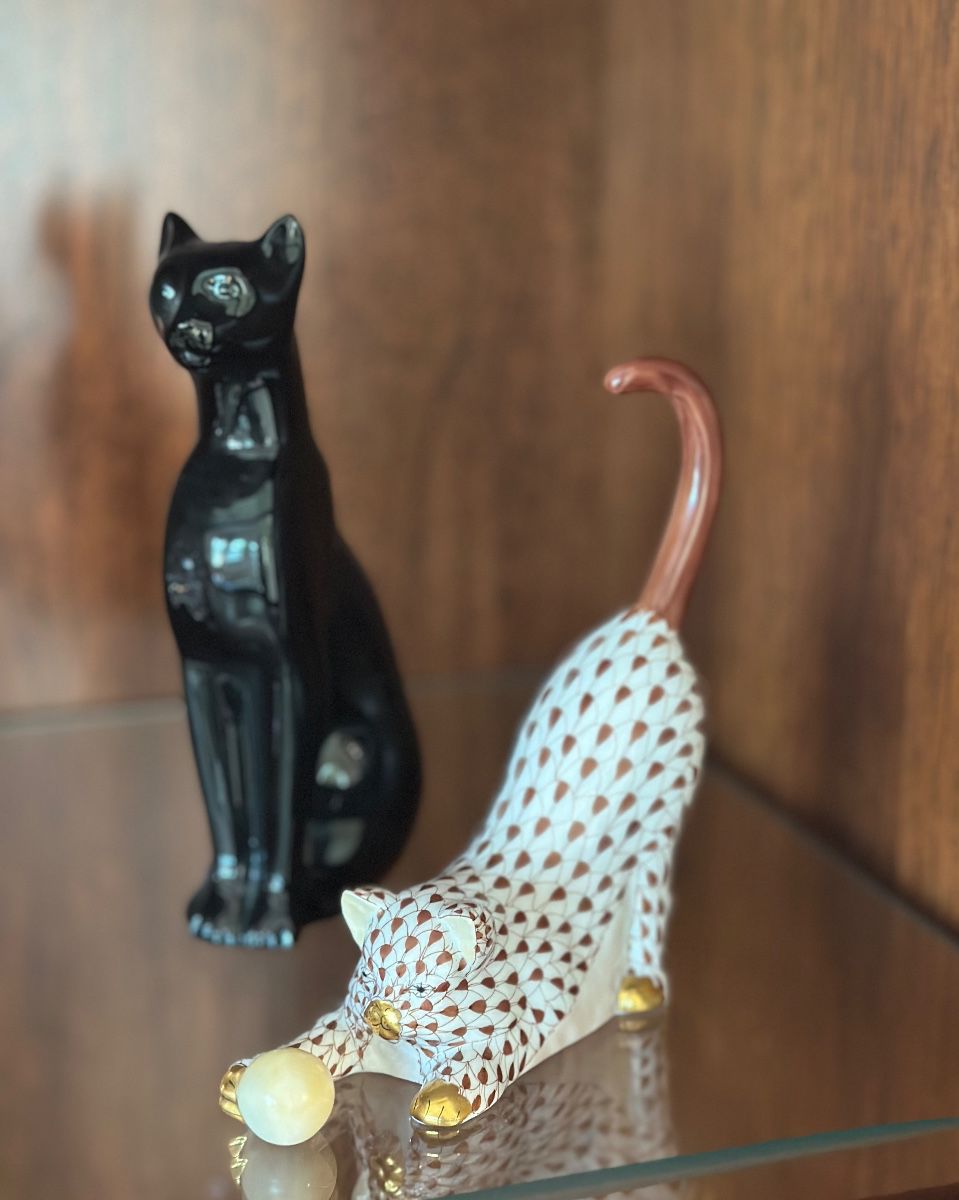 Herend porcelain cat, Baccarat MCM crystal black cat 