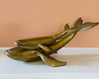 Brass mother and infant whale figurine 