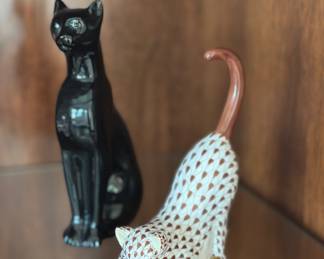 Herend porcelain cat, Baccarat MCM crystal black cat 