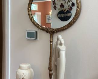 Vintage Italian hand mirror wall mirror, Haeger MCM "Lovers" figurine 