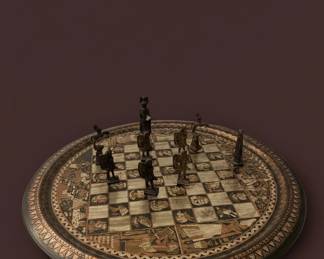 Egyptian Themed Chess Set and Round Inlaid Board