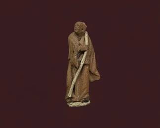 Antique Carved Wooden Figure of a Monk with Staff