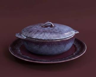 Purple Glazed Ceramic Casserole Dish with Lid and Underplate
