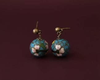 Vintage Turquoise Blue Cloisonn Enamel Floral Ball Earrings