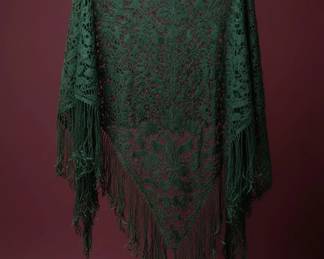 Emerald Green HandKnit Lace Shawl with Fringe