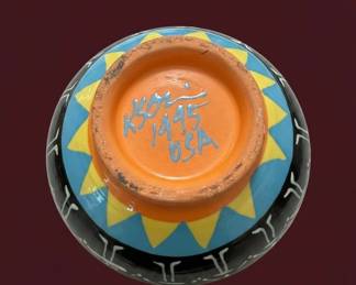 HandPainted Ceramic Bowl by KGM, Folk Art Sun Motif third image