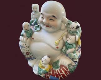 Vintage Chinese Famille Rose Porcelain Laughing Buddha with Children Figurine