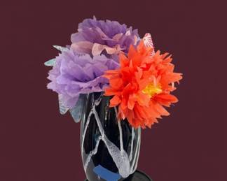 Black Ceramic Vase with White Swirls and Paper Flowers