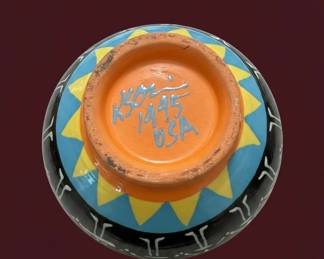HandPainted Ceramic Bowl by KGM, Folk Art Sun Motif second image