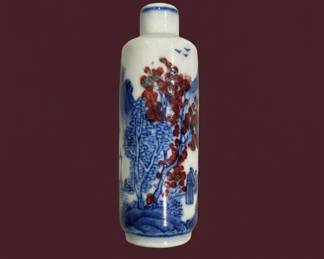 Chinese Blue and White Porcelain Snuff Bottle with Copper Red