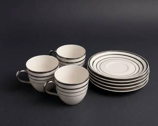 Set of Vintage Striped Espresso Cups and Saucers with Assorted Colored Stemware