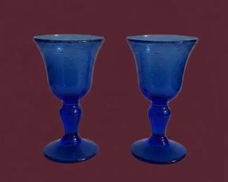 Cobalt Blue Blown Glass Goblets with Controlled Bubbles
