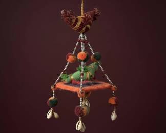 Handmade Felted Wool and Yarn Bird Mobile with PomPoms and Shells