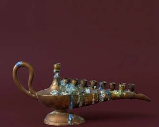 Brass Aladdins Lamp Style Menorah with Wax Drips