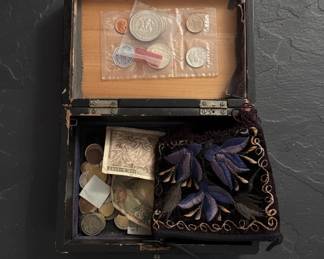Vintage Coin Collection in Wooden Box with Embroidered Pouch