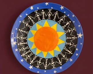 HandPainted Ceramic Plate with Sun, Skeleton Figures, and Stars in Mexican Folk Art Style