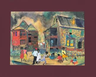 Folk Art Painting of a Street Scene with Figures