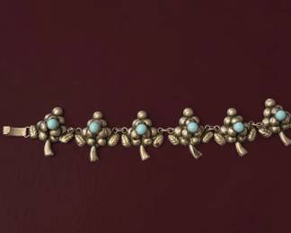 Mexican Silver and Turquoise Floral Link Bracelet