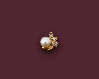 k Yellow Gold Pearl and Diamond Accent Leafy Stud Earring
