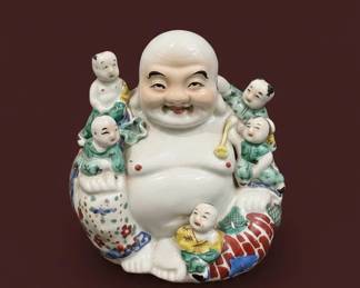 Chinese Famille Rose Porcelain Laughing Buddha with Children Figurine
