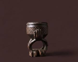 African Carved Wooden Staff with Figural Support and Bowl