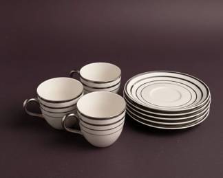 Set of Vintage Striped Espresso Cups and Saucers with Assorted Colored Stemware