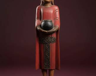 Antique Burmese Carved Wood Standing Buddha Statue with Alms Bowl
