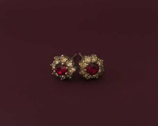 Vintage Floral Cluster Stud Earrings with Red and Yellow Rhinestones