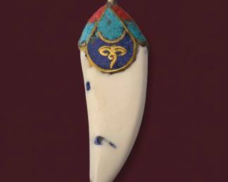 Tibetan Carved Bone Horn Pendant with Enamel and Turquoise