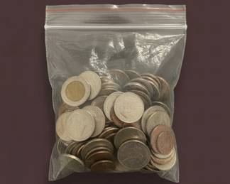 Mixed Foreign and US Coins in Plastic Bag