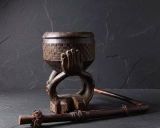 African Carved Wooden Staff with Figural Support and Bowl