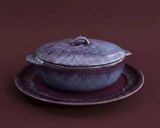 Purple Glazed Ceramic Casserole Dish with Lid and Underplate