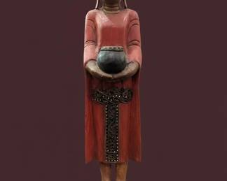 Antique Burmese Carved Wood Monk Statue with Offering Bowl
