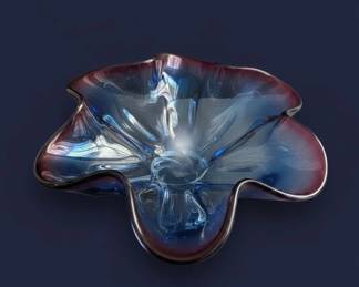 Josef Hospodka Art Glass Bowl with Pink and Blue Swirls