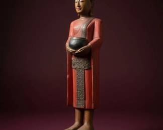 Antique Burmese Carved Wood Monk Statue with Offering Bowl fifth image