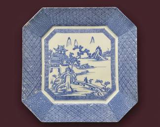 Japanese Blue and White Octagonal Platter with Landscape Scene
