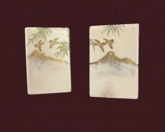 Pair of Japanese Ceramic Vases with Birds and Bamboo Motif