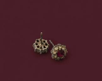 Vintage Floral Cluster Stud Earrings with Red and Yellow Rhinestones second image