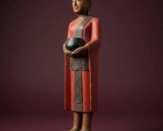 Antique Burmese Carved Wood Standing Buddha Statue with Alms Bowl sixth image