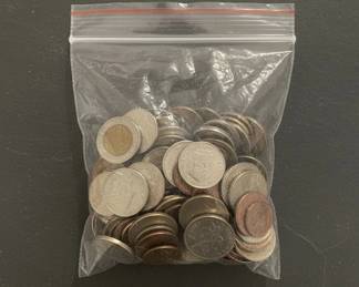 Mixed Foreign and US Coins in Plastic Bag
