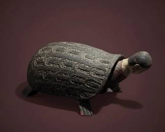Carved Wooden Turtle Figure with Dharma Inscription
