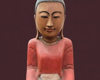 Antique Burmese Carved Wood Monk Statue with Offering Bowl second image