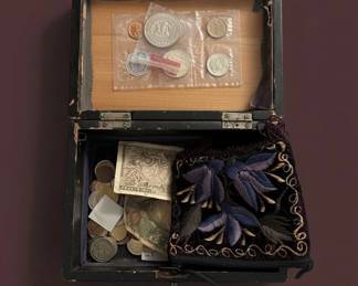 Vintage Coin Collection in Wooden Box with Embroidered Pouch