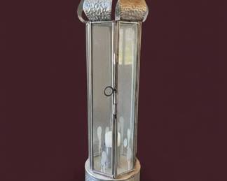 Vintage Etched Glass Hurricane Lantern with Decorative Metal Top