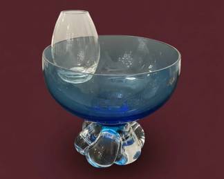 Vintage Blue Art Glass Footed Bowl seda Style